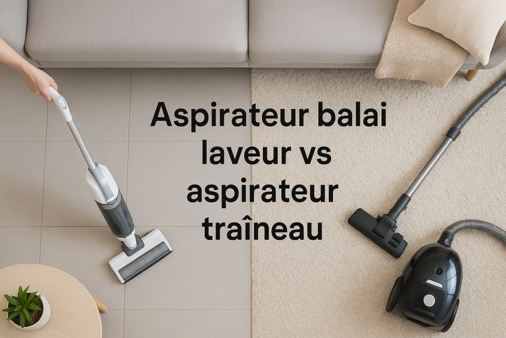 Vue comparatif Aspirateur balai laveur vs traîneau sur sol dur et tapis