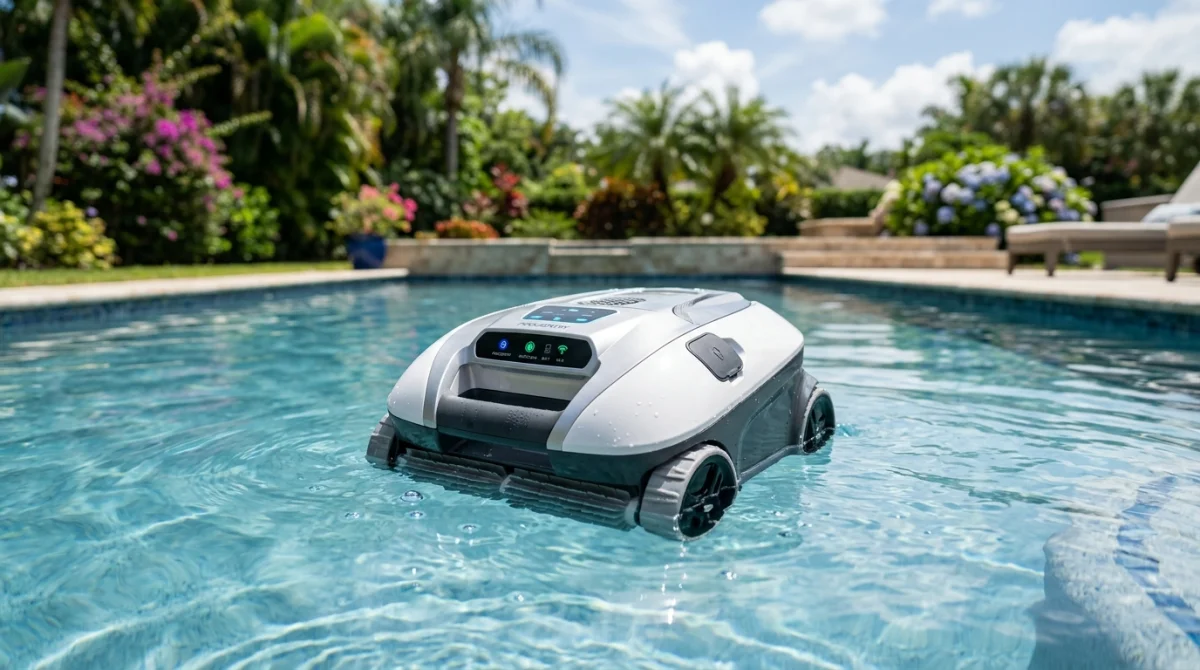 Robot nettoyeur Beatbot Aquasense 2 en action dans une piscine claire et ensoleillée.
