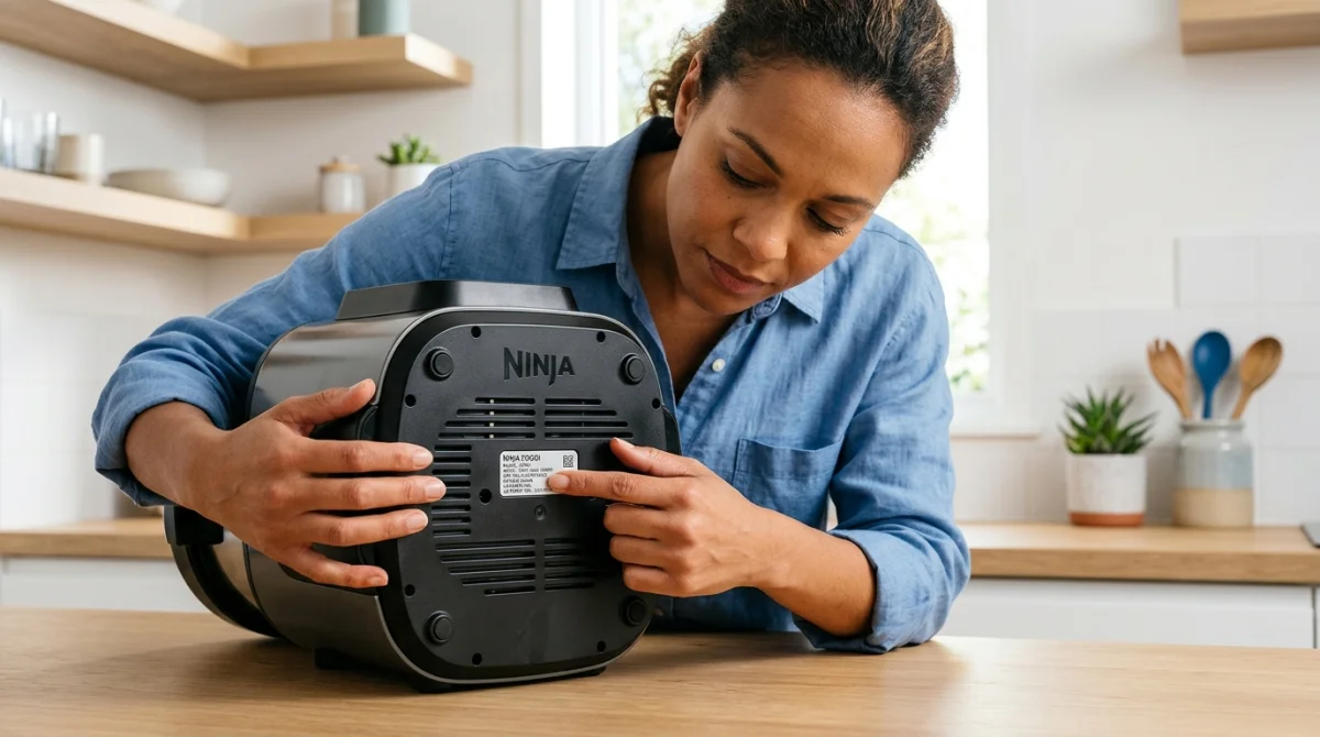 Une personne examine l'étiquette d'un robot culinaire Ninja pour découvrir qui fabrique la marque Ninja dans sa cuisine.