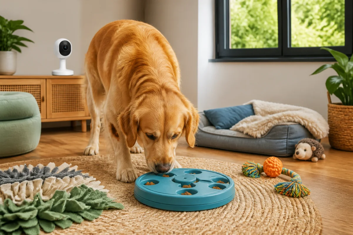 Chien utilisant un jouet distributeur de nourriture dans une maison connectée pour animaux, sous surveillance d’une caméra domestique