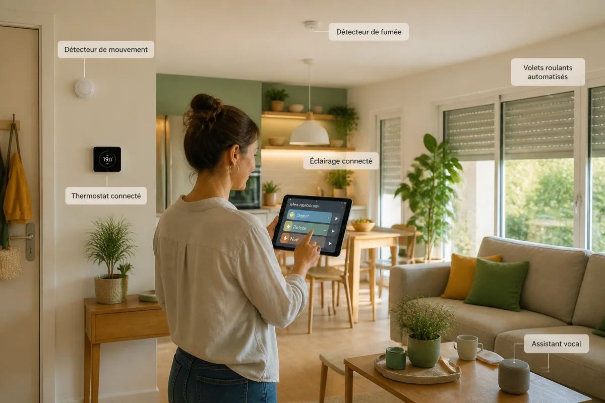 Maison connectée pour débutants : résident configurant des routines domotiques sur une tablette dans un intérieur moderne.