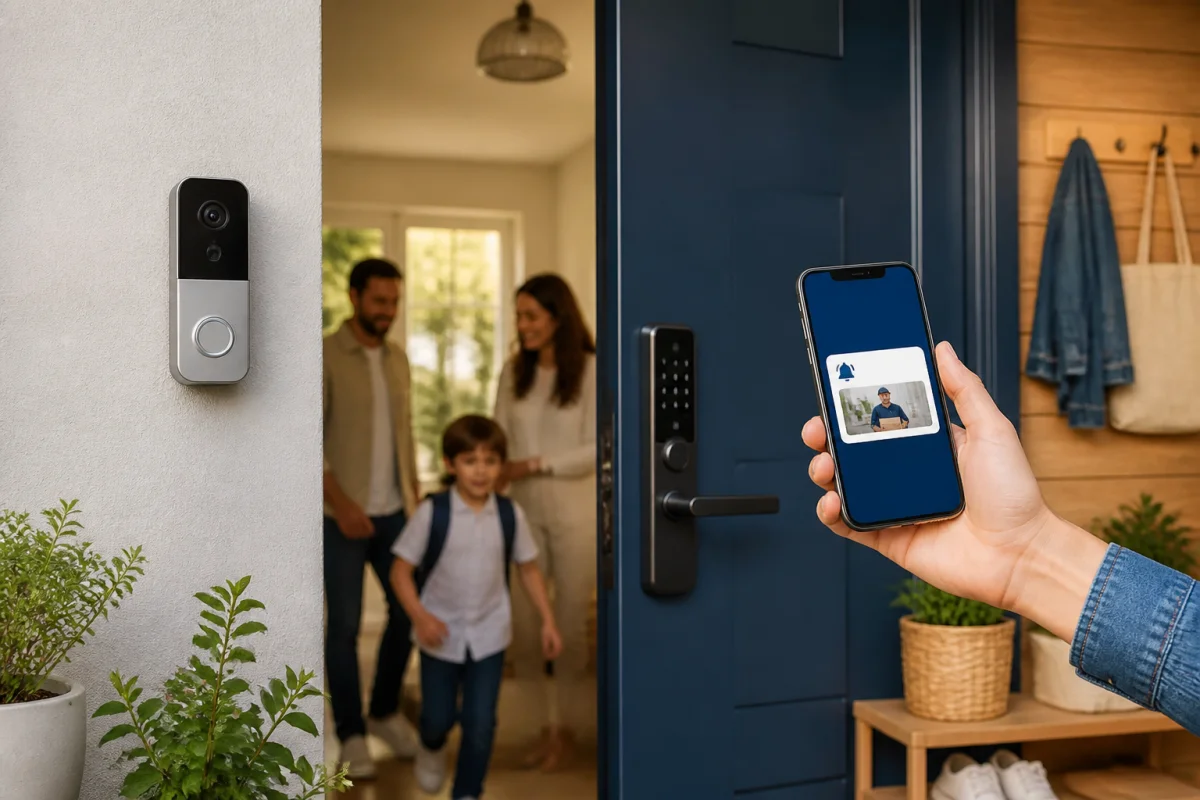 Sonnette vidéo et serrure connectée sur une porte d’entrée, contrôlées depuis un smartphone par un adulte