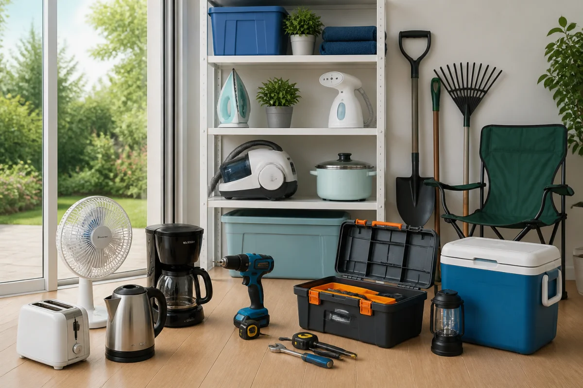 Sélection d’équipements domestiques, outils et accessoires de plein air génériques, évoquant accessibilité et bon rapport qualité-prix